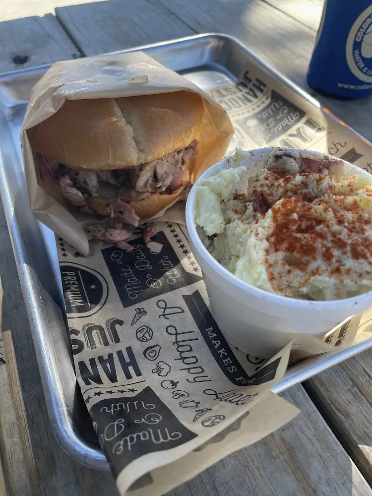 Potato Salad and Pulled Pork Sandwich